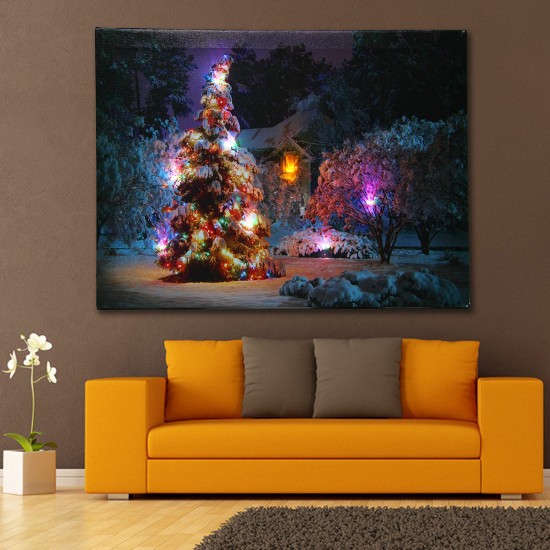40 x 30cm Battery Operated LED Christmas Snowy House Front Tree Xmas Canvas Print Wall Art