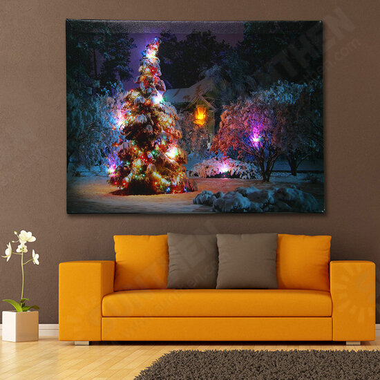 40 x 30cm Battery Operated LED Christmas Snowy House Front Tree Xmas Canvas Print Wall Art