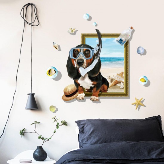 Creative 3D Cartoon Summer Diving Dog Frame PVC Removable Home Room Decor Sticker