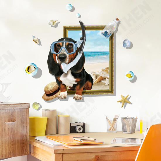 Creative 3D Cartoon Summer Diving Dog Frame PVC Removable Home Room Decor Sticker