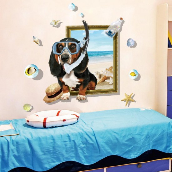 Creative 3D Cartoon Summer Diving Dog Frame PVC Removable Home Room Decor Sticker