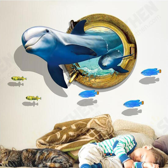 Creative 3D Dolphin Window Sea Fishes PVC Removable Home Room Decorative Wall Decor Sticker