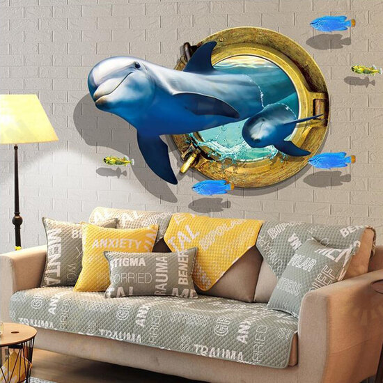 Creative 3D Dolphin Window Sea Fishes PVC Removable Home Room Decorative Wall Decor Sticker