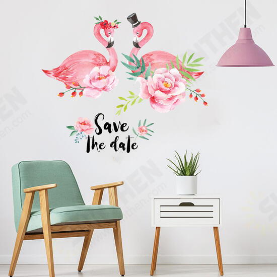 Creative Pink Love Couple Flamingo Flower PVC Removable Home Room Decorative Decor Sticker