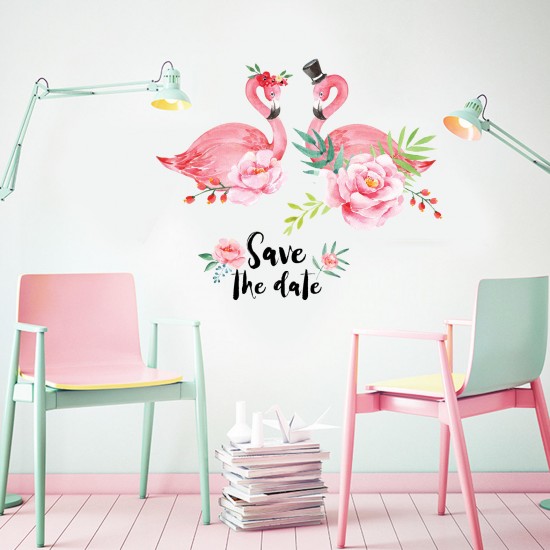 Creative Pink Love Couple Flamingo Flower PVC Removable Home Room Decorative Decor Sticker