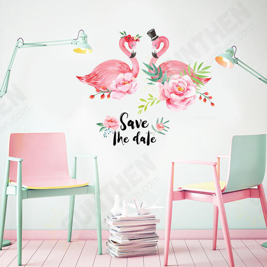 Creative Pink Love Couple Flamingo Flower PVC Removable Home Room Decorative Decor Sticker