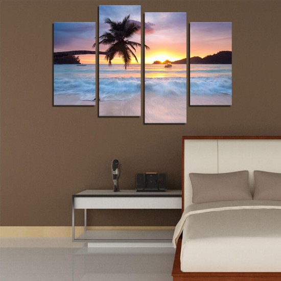 Hand Painted Four Combination Decorative Paintings Seaside Coconut Tree Wall Art For Home Decoration