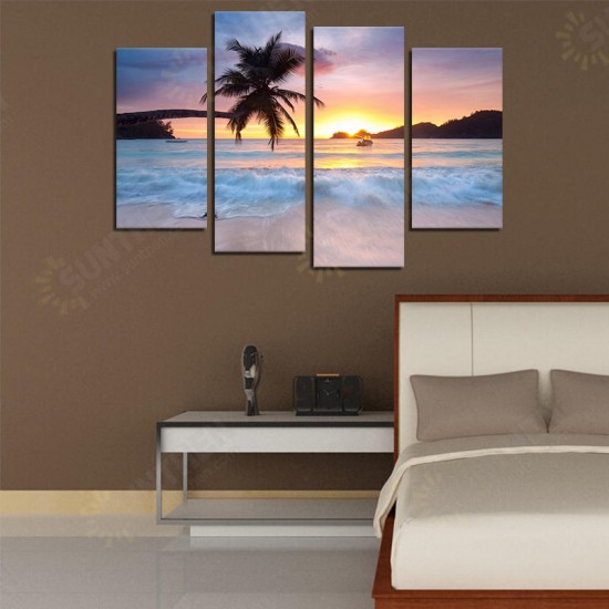 Hand Painted Four Combination Decorative Paintings Seaside Coconut Tree Wall Art For Home Decoration