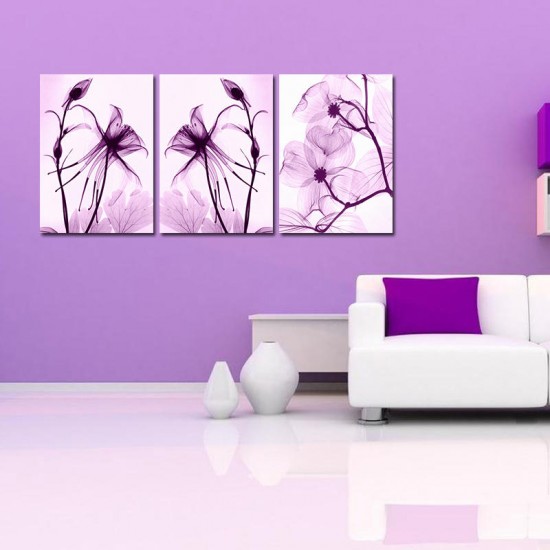 Hand Painted Three Combination Decorative Paintings Botanic Purple Flowers Wall Art For Home Decoration
