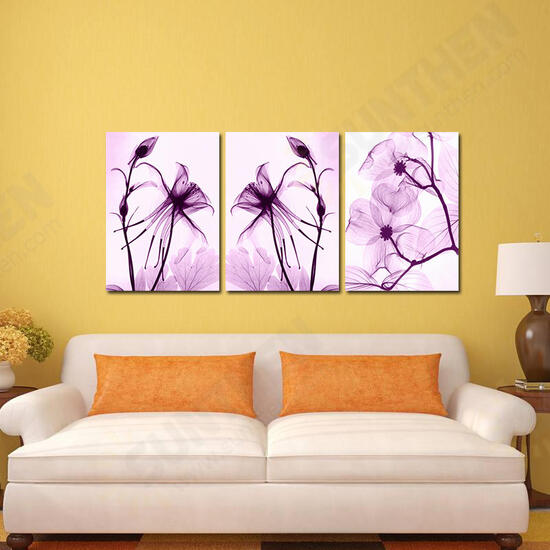 Hand Painted Three Combination Decorative Paintings Botanic Purple Flowers Wall Art For Home Decoration