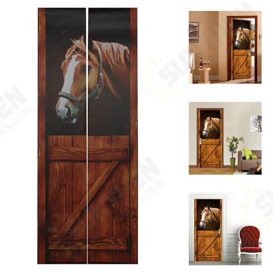 Self Adhesive Mural Decals 3D Horse Door Wall Sticker Wrap Home Decor 77x200cm