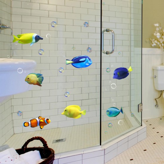 Tropical Cartoon Fish Sea Bubble Ocean World Removable Wall Bathroom Sticker Glass Pastes Decor
