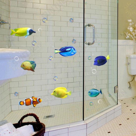 Tropical Cartoon Fish Sea Bubble Ocean World Removable Wall Bathroom Sticker Glass Pastes Decor