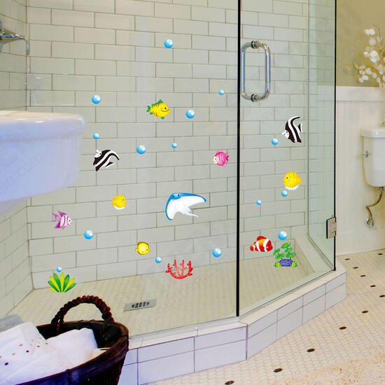 Tropical Cartoon Fish Sea Bubble Ocean World Removable Wall Bathroom Sticker Glass Pastes Decor