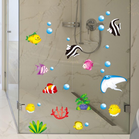 Tropical Cartoon Fish Sea Bubble Ocean World Removable Wall Bathroom Sticker Glass Pastes Decor