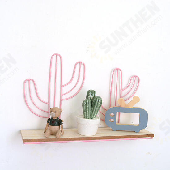 Mount Hanging Storage Shelf Rack Iron Cactus House Wood Board Wall Shelf Room Decor