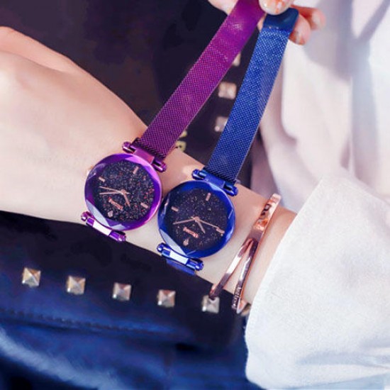 Luxury Clock Magnet Buckle Starry Sky Diamond Quartz Watch Geometric Surface Fashion Casual Dress Wristwatch