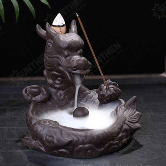 Dragon Fish Backflow Tower Burner Holder Ceramic With 10Pcs Cone Incense Decor