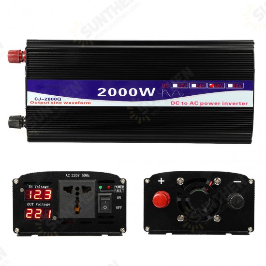 2000W Peak 12V/24V/48V to 220V Pure Sine Wave Power Inverter Digital Display Home Converter