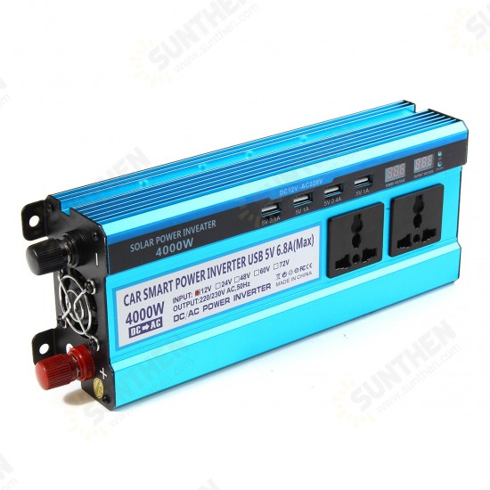 4000W LCD Solor Power Inverter DC 12V/24V/48V To AC 220V Converter 3 Sockets 4 USB Ports