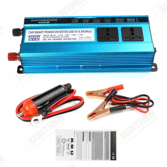 4000W LCD Solor Power Inverter DC 12V/24V/48V To AC 220V Converter 3 Sockets 4 USB Ports