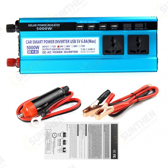 5000W LCD Solor Power Inverter DC 12V/24V/48V To AC 220V Converter 3 Sockets 4 USB Ports