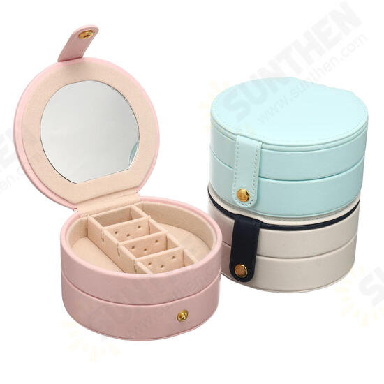 Portable Travel Round Multi-Layer Jewelry Box Leather Stud Earrings Jewellery Ornaments Storage Case