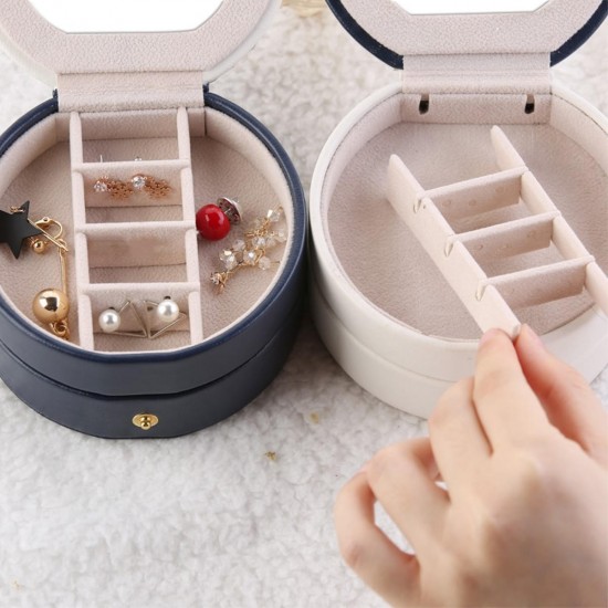 Portable Travel Round Multi-Layer Jewelry Box Leather Stud Earrings Jewellery Ornaments Storage Case