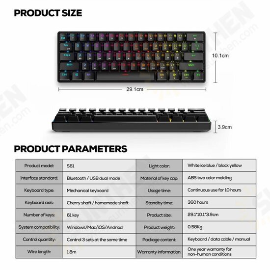 S61 61 Keys bluetooth Dual Mode Mechanical Keyboard RGB Backlight Gaming Keyboard For Phone Tablet OS