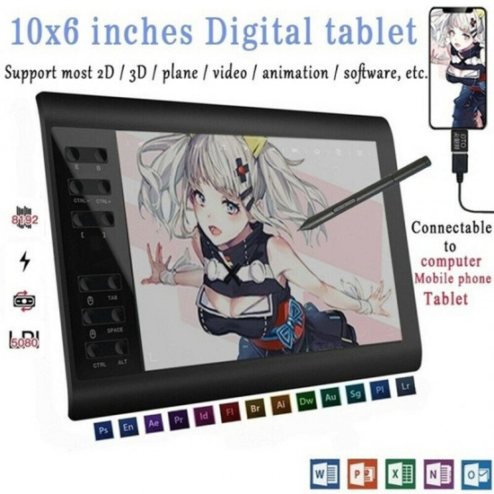 Universal 10*6inch Digital Drawing Tablet 233 Point Quick Reading Pressure Sensing