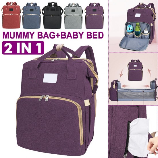 2 in 1 Diaper Bag with Changing Station Mom Backpack Multifunctional Baby Bed Crib Handbag Stroller Bag