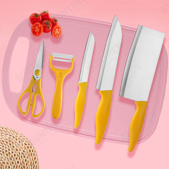 6PCS Wheat Straw Kitchen Knife Cutting Board Cutter Stainless Steel Chef Knife Peele Scissor Sets Fruit Knife Multi-purpose Knife - Yellow