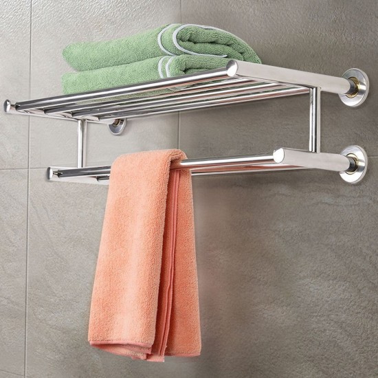 304 Stainless Steel Double Tiers Towel Rail Rack Shelf Wall Mounted Bathroom