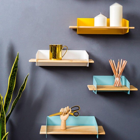 5 Color 20CM Floating Wall Mounted Shelf Hanging Holder Storage Iron Wood Display Bookshelf Bracket