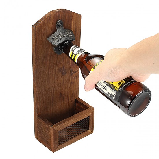 Bottle Opener Drink Wooden Wall Mount Bottle Cap Opener Cap Catcher