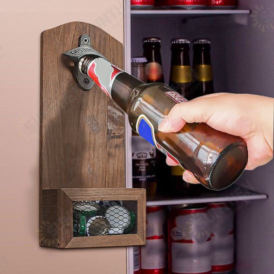 Bottle Opener Drink Wooden Wall Mount Bottle Cap Opener Cap Catcher