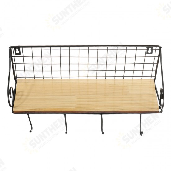 Hanging Wall Mounted Rack Storage Organizer Wood Home Display Storage Baskets w/ Iron Hook