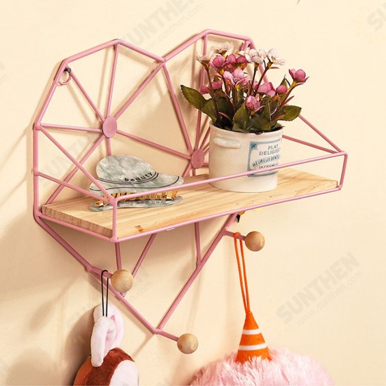 Heart Shaped Metal Wire & Wooden Rack Wall Unit Hanging Shelf