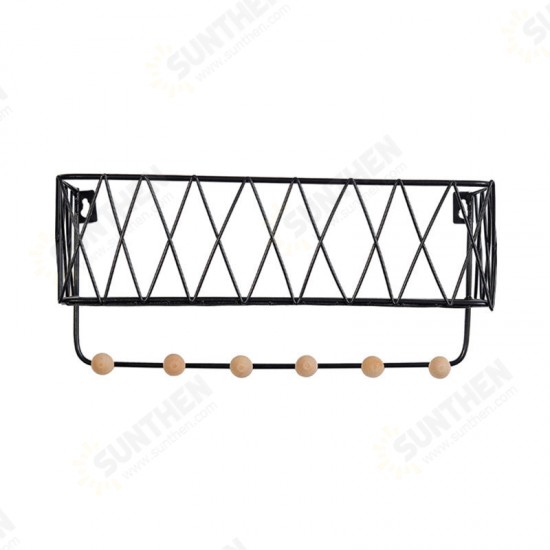 Iron Rack Wooden Wall Hanging Shelf Holder Books Pot Plant Storage +Hooks
