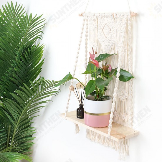 Macrame Plant Hanger Basket Hand Woven Tapestry Wood Pot Shelf Room Decoration