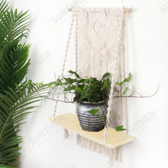 Macrame Plant Hanger Basket Hand Woven Tapestry Wood Pot Shelf Room Decoration