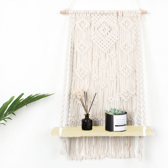 Macrame Plant Hanger Basket Hand Woven Tapestry Wood Pot Shelf Room Decoration