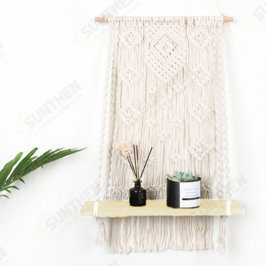 Macrame Plant Hanger Basket Hand Woven Tapestry Wood Pot Shelf Room Decoration