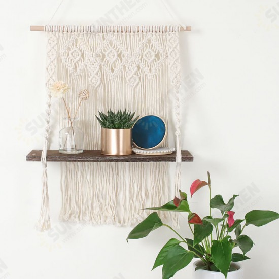 Macrame Plant Hanger Platform Basket Bohemian Hand Woven Tapestry Wood Pot Shelf