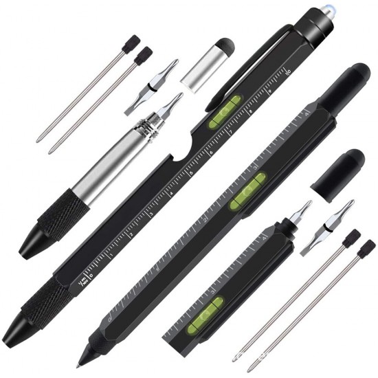 6 in 1 Multifunctional Tactical Pen Creative Screwdriver Level Scale Pen Touch Screen Metal Ballpoint Pen Tool Camping Hiking
