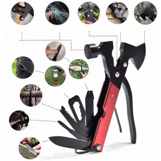 14 in 1 EDC Folding Multi Tools Ax Hatchet Wooden Handle Fire Heavy Duty Twin Hammer Pocket Saw Screwdrivers Pliers with Nylon Sheath for Outdoor