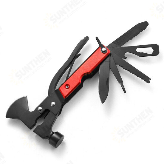 14 in 1 EDC Folding Multi Tools Ax Hatchet Wooden Handle Fire Heavy Duty Twin Hammer Pocket Saw Screwdrivers Pliers with Nylon Sheath for Outdoor