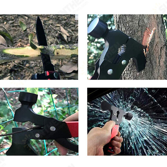 14 in 1 EDC Folding Multi Tools Ax Hatchet Wooden Handle Fire Heavy Duty Twin Hammer Pocket Saw Screwdrivers Pliers with Nylon Sheath for Outdoor