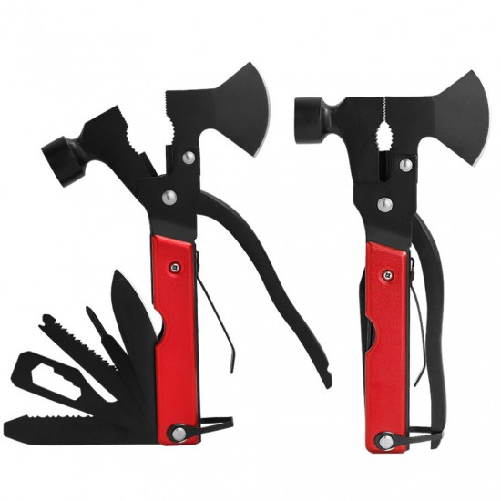 14 in 1 EDC Folding Multi Tools Ax Hatchet Wooden Handle Fire Heavy Duty Twin Hammer Pocket Saw Screwdrivers Pliers with Nylon Sheath for Outdoor