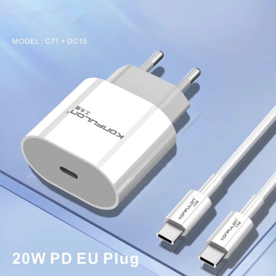 C71 20W PD Charger Fast Charging with Type-C Charging Cable US EU Plug for iPhone 12 Pro Max for Samsung Huawei Mate40 OnePlus 8 Pro